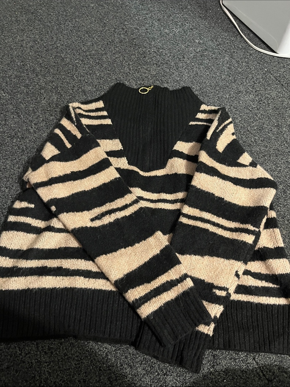 Striped Mock Neck Sweater in Black and Beige